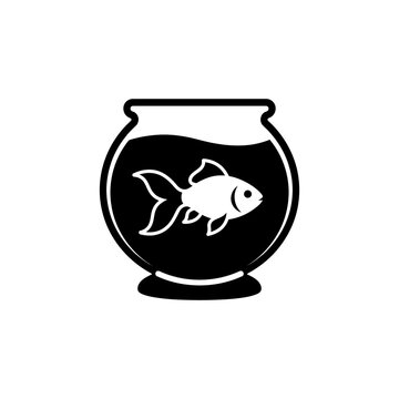 Goldfish swimming inside glass aquarium black silhouette isolated on transparent background for pet shop branding and marine life educational vector visual assets.