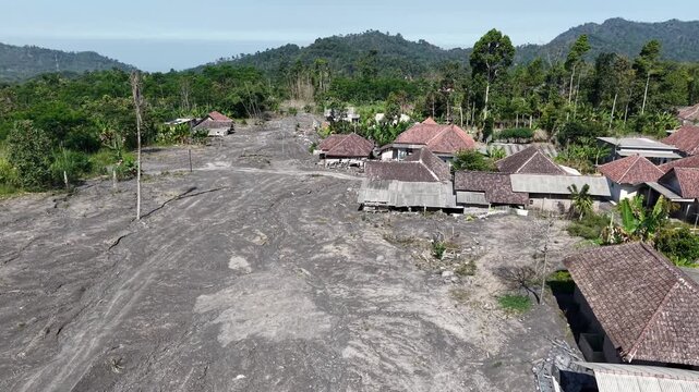 Abandoned residential houses showing weathered concrete walls and initial green plant