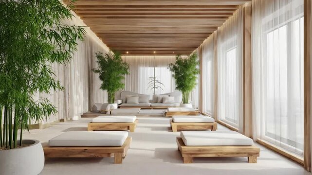 Serene Zen Meditation Space with Bamboo Plants and Modern Wood Interior
