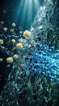 Semipermeable reverse osmosis membrane, blocking cubic salt crystal particles under hydrostatic pressure, forcing purified water molecules across porous polymer matrix into permeate flow.