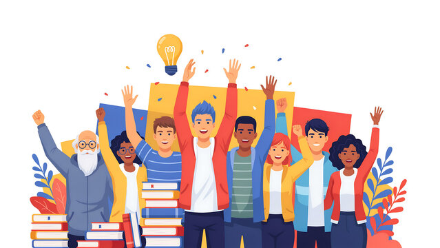 A diverse group of happy people celebrating with arms raised, standing behind stacks of books with a glowing light bulb above their heads