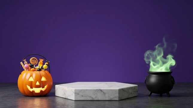 Halloween themed display with pumpkin bucket and cauldron on marble platform