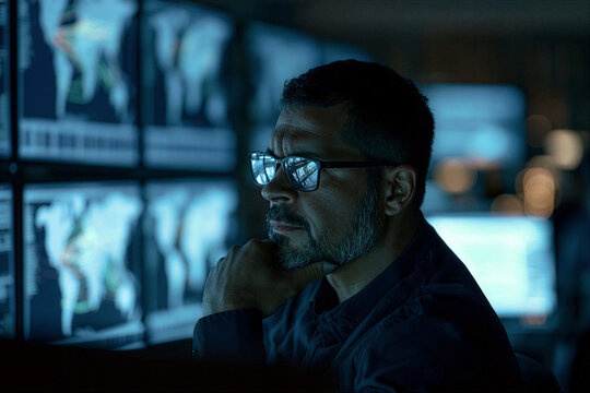 Side profile of a man observing glowing monitors in a dark control room
