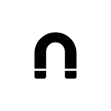 Black horseshoe magnet icon design for science laboratory education and physical magnetism experiments featuring classic U shape metal tool for attraction studies.