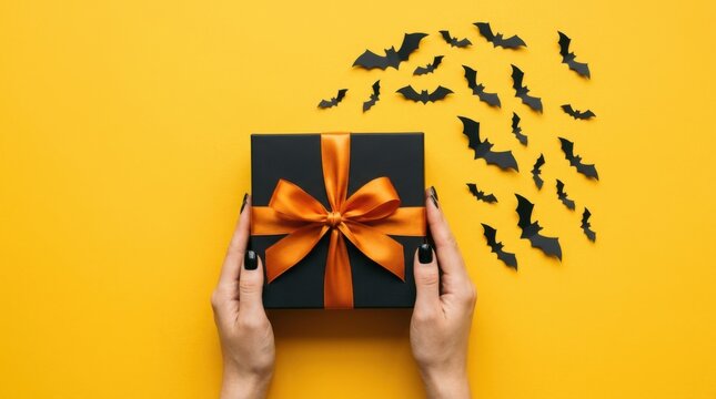 Hands holding a black gift box with an orange ribbon surrounded by paper bats on a yellow background