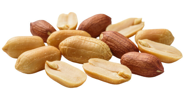Pile of roasted peanuts some whole and some halved, isolated on transparent background