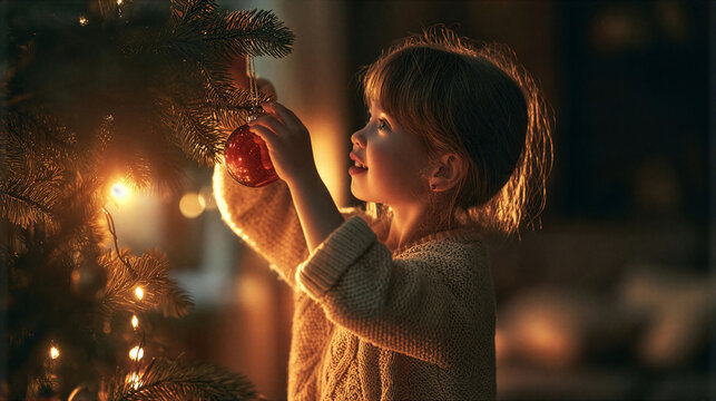 Young girl holding a red bauble while decorating a christmas tree in a warmly lit room