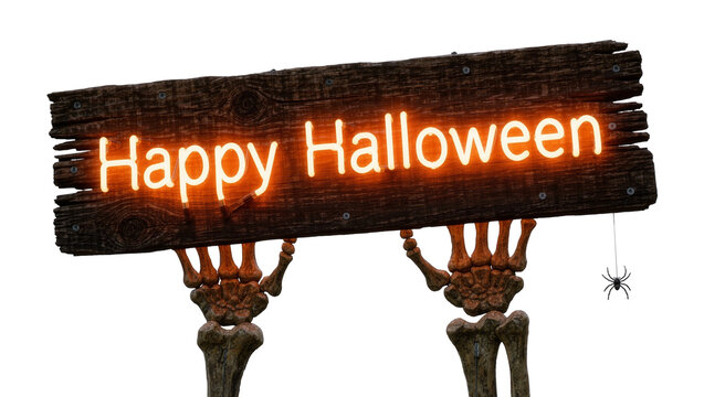 Rustic wooden sign with Happy Halloween neon text supported by skeleton arms, isolated on transparent background