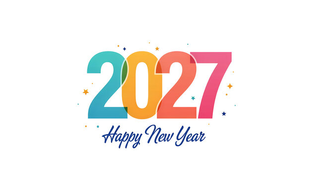 Festive 2027 happy new year typography with colorful numbers and small star accents isolated on a white background, for seasonal holiday greetings