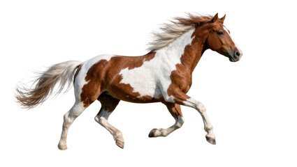 Brown and white pinto horse galloping with flowing mane and tail, isolated on transparent background © George
