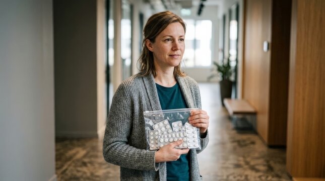 A woman stands in a corridor holding a plastic bag filled with expired medication, looking concerned and hesitant about disposing of her unused pills properly in an indoor setting
