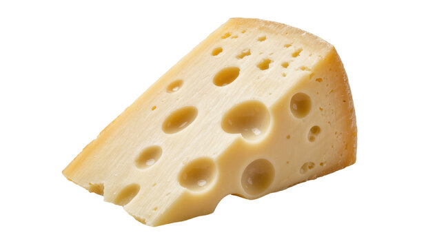 Wedge of Swiss cheese with large holes, isolated on transparent background