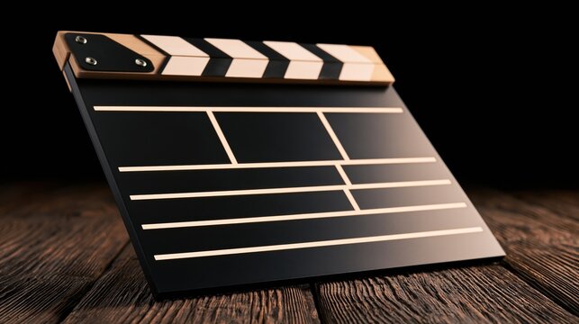 Black movie clapperboard resting on dark wooden table