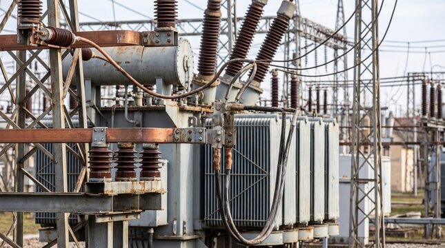 Electrical power transformer station in a utility substation facility.