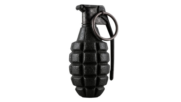 Black fragmentation hand grenade with metal ring and pin, isolated on transparent background