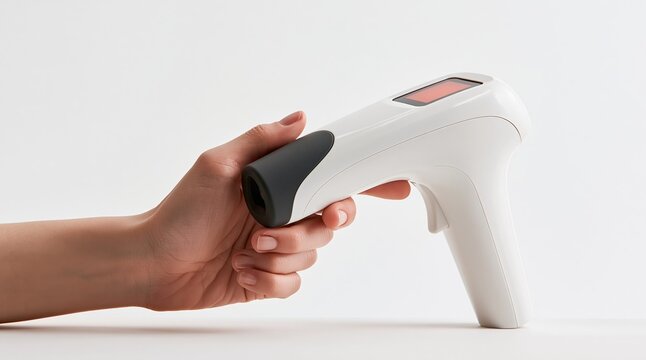Hand holding white infrared thermometer device