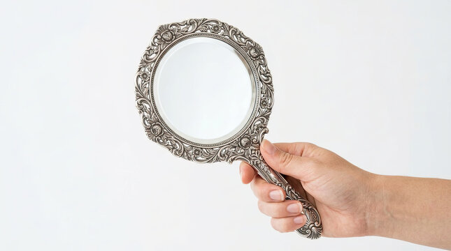Hand Holding Vintage Hand Mirror with Ornate Frame.