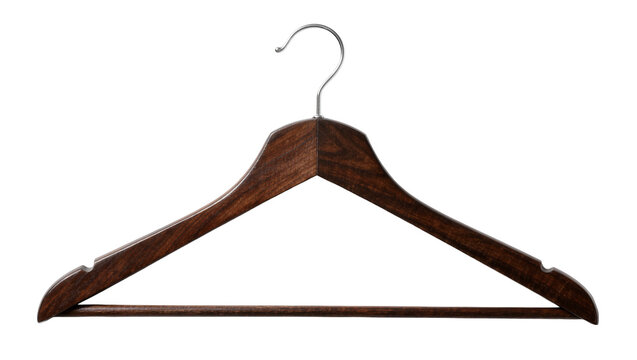 Dark brown wooden clothes hanger with metal hook, isolated on transparent background