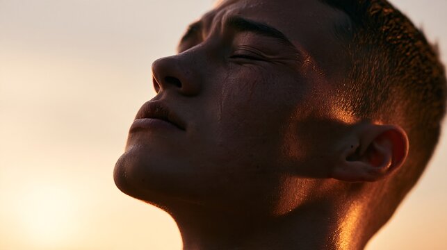 Close-up of a man's tear-streaked face illuminated by warm setting sun, deep creases around closed