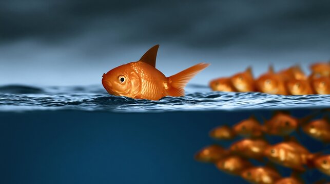 Goldfish rising above water surface while school swims