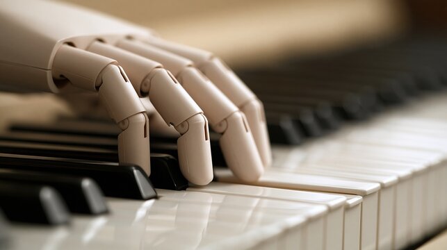 Robotic hand playing piano keys close up