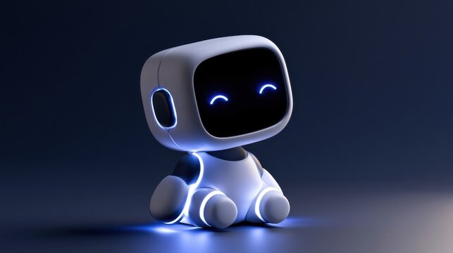 Cute futuristic robot with glowing blue lights on dark background