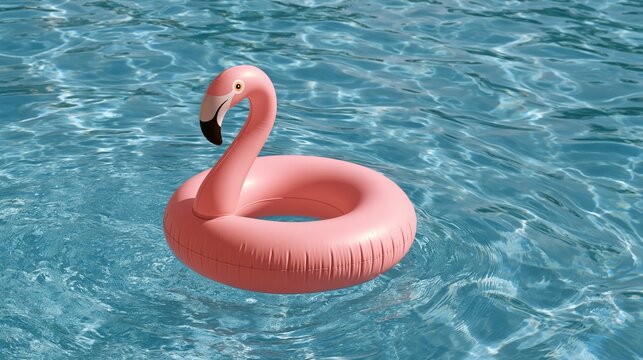 Pink flamingo pool floatie floating in blue water