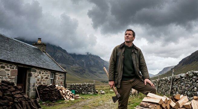 Man holding axe outside stone cottage under dark storm clouds. Traditional rural lifestyle in rugged mountain valley landscape
