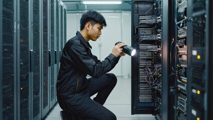Fototapeta premium IT Technician Inspecting Server Rack with Flashlight - Data Center Maintenance and Troubleshooting Expertise.