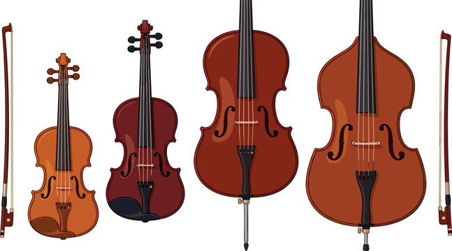 Classical string family musical instruments set with violin viola cello double bass and bows isolated on white background
