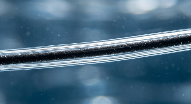Human hair strand coated with hydrophobic nanoparticles creating air sheath layer underwater, extreme macro material science photograph