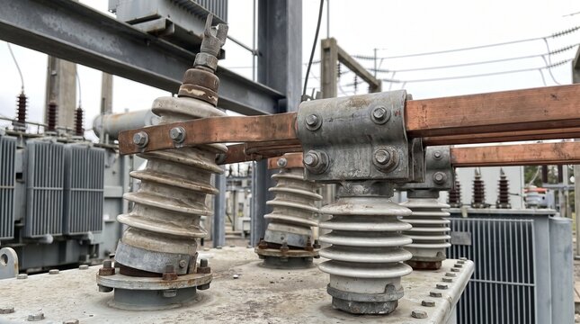 Electrical substation high voltage ceramic insulators and copper busbars.