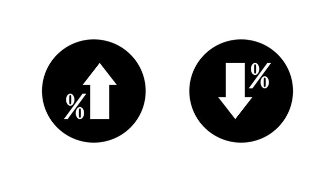 Percentage arrow up and down icon in black circle. Interest rate increase and discount decrease symbol