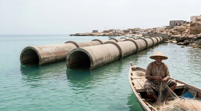 Local fisherman mending net in wooden boat near coastal intake pipes. Traditional fishing and modern industry