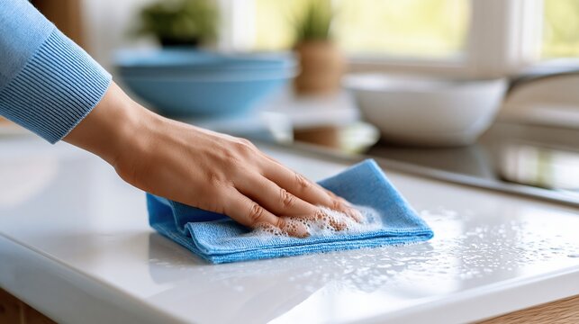 Hand wiping soapy blue cloth on white kitchen