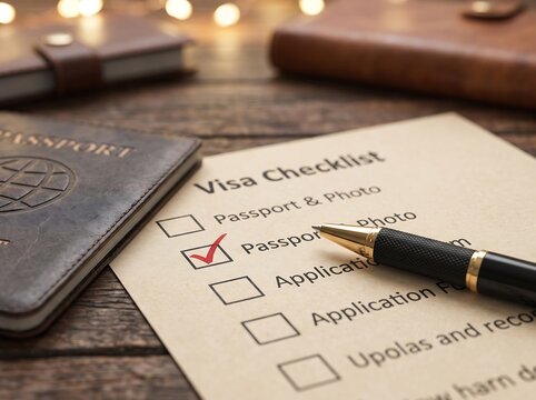 Travel preparation concept with passport, visa checklist, and a pen on a wood table. Planning a trip, filling out application forms, and organizing documents for the global travel.