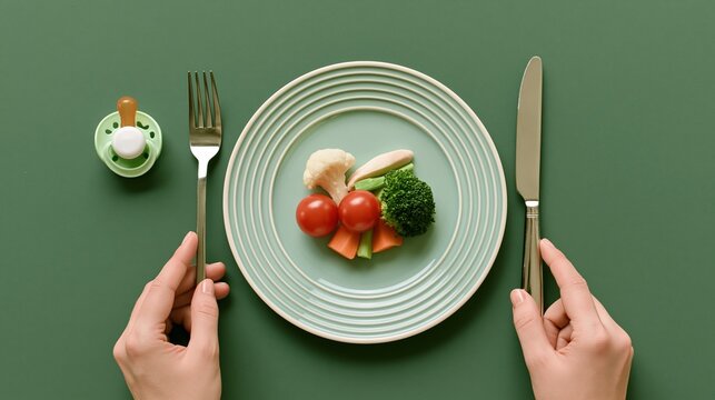 Baby food plate with vegetables and pacifier on