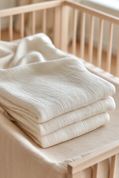 stacked white blankets inside wooden crib