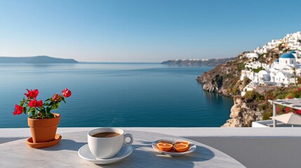 Obraz premium Morning coffee and fruit on balcony overlooking sea