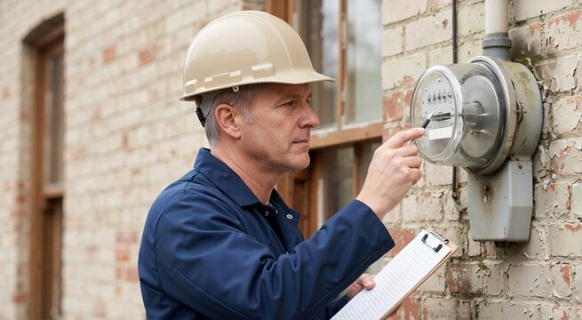 Utility worker checking outdoor electric meter. Electrician in hard hat with clipboard inspecting power consumption