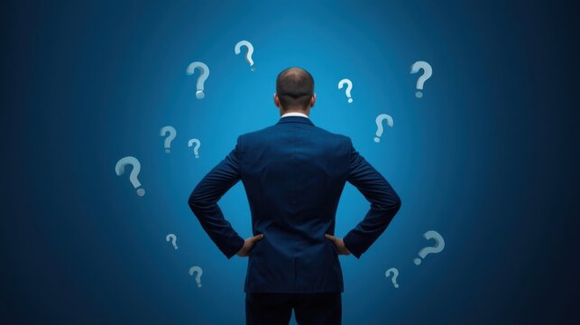 Un empresario pensativo con traje azul, de pie y con las manos en la cintura, rodeado de signos de interrogaci&oacute;n flotantes