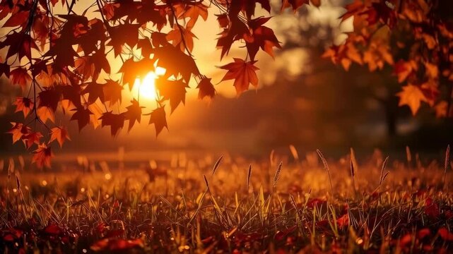 Autumn Maple Leaf Sunset Glow Across Meadow with Golden Grass and Warm Light