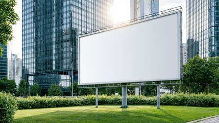 Fototapeta premium Blank white billboard standing on green grass near