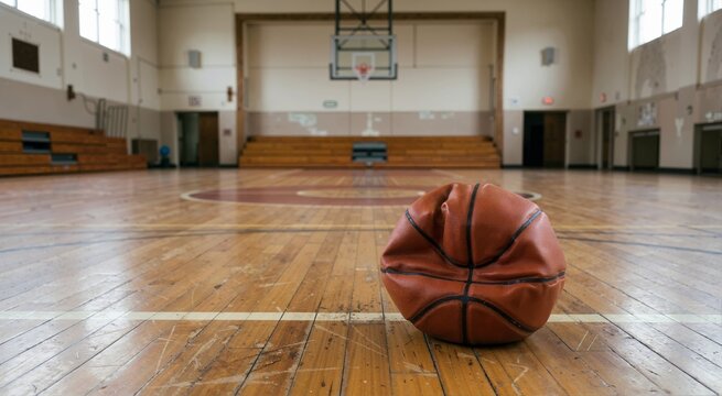 Deflated basketball on vintage wooden gym court. Flat worn sports ball lying on gymnasium floor