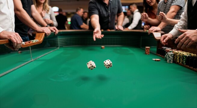 Two dice bouncing mid air on green felt craps table in casino. Gamblers playing game of chance with betting chips