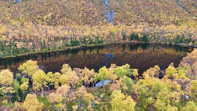 An aerial view of a lake surrounded by yellow birch trees in Norway, near Troms&oslash;, above the Arctic Circle. Towering mountain peaks rise above it. Autumn colours and lovely weather.