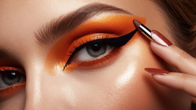 Primer plano de un ojo con sombra de ojos naranja intenso y un delineado alado marcado