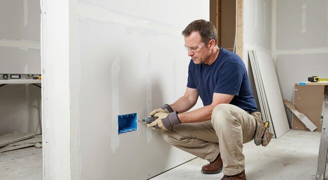 Drywall installer cutting hole for electrical outlet with rotary tool. Construction worker trimming drywall around junction box