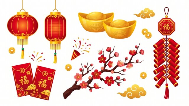 Vibrant spring festival element set with red silk lanterns gold yuanbao ingot and plum blossom branch for holiday design kit