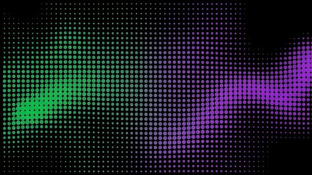 Halftone pattern creating a gradient effect with green and purple dots expanding on a dark background.